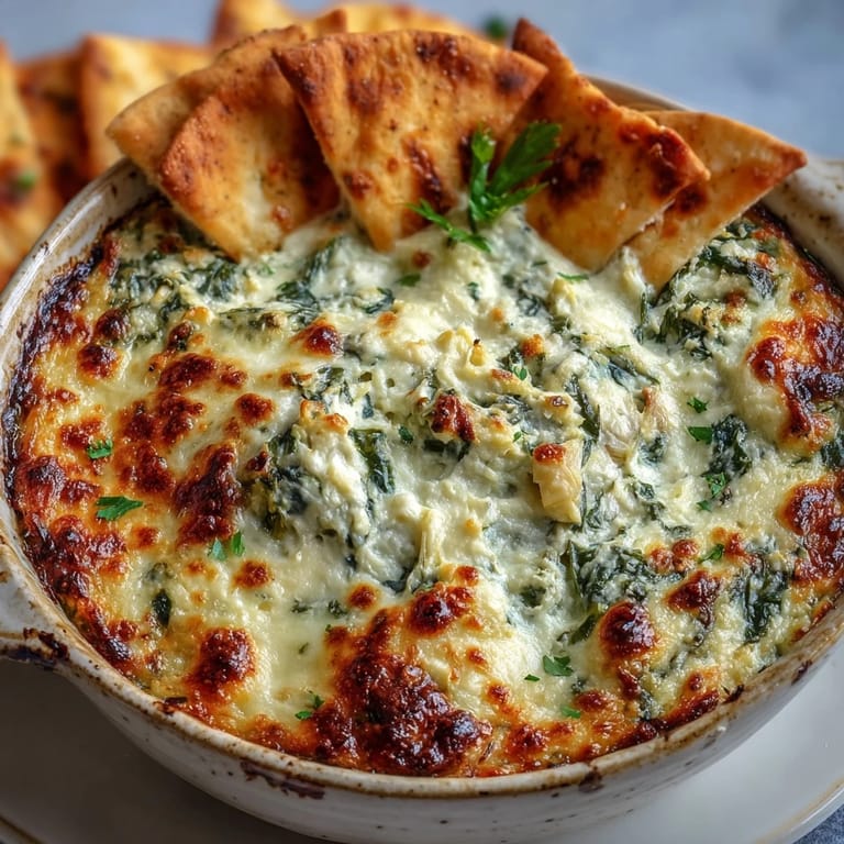 Creamy Spinach Artichoke Dip in a white baking dish, garnished with parsley and perfect for a party appetizer platter.
