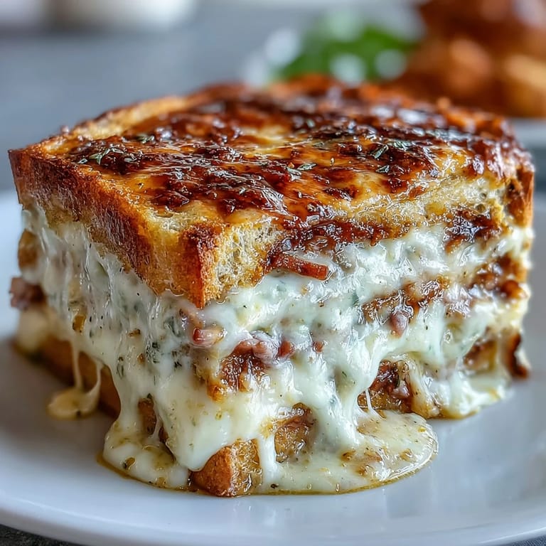 Serving suggestion for French Croque Monsieur Casserole on a white plate with a fresh green salad, perfect for brunch.