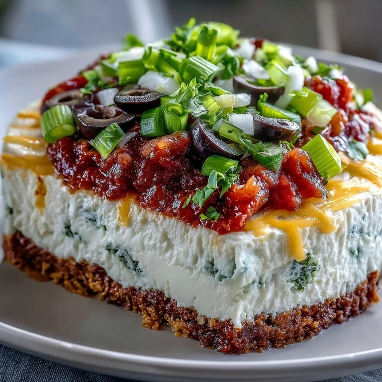 A chilled 4-Way Layered Dip topped with olives and peppers, served with tortilla chips.