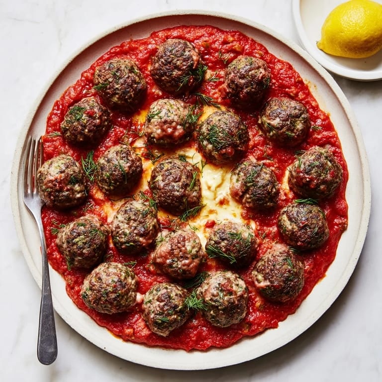 Savory Instant Pot Greek-Style Meatballs simmering in tomato sauce, ready to be topped with creamy feta.