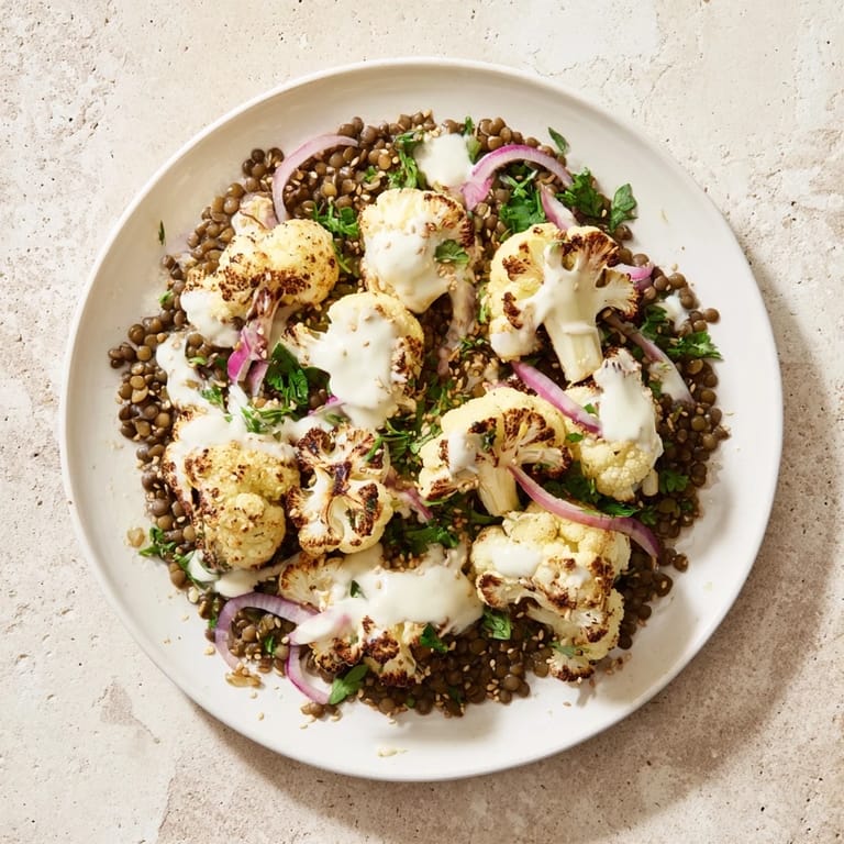 A close-up view shows tender cauliflower baked to caramelized perfection, sitting atop bright green lentils mixed with red onion and parsley, alongside a small bowl of rich cumin-tahini yogurt sauce.