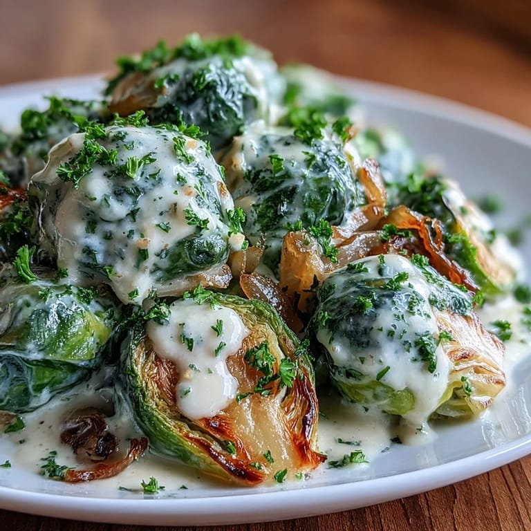 Tender Brussels sprouts in a rich, velvety mustard cream sauce, steaming in a skillet and ready for a cozy vegetarian dinner.