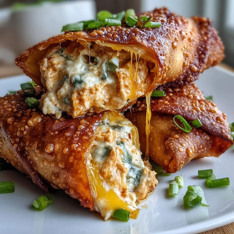 Freshly baked Buffalo Chicken Dip Egg Rolls with a spicy, creamy center and melted cheddar, garnished with fresh green onions.