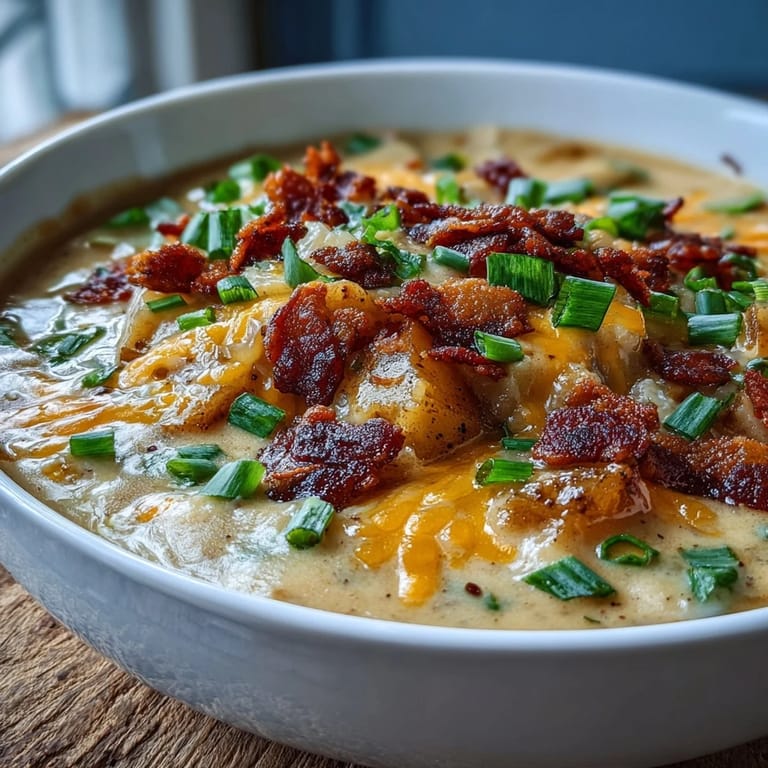 Comforting Loaded Potato Soup topped with sour cream, extra cheddar, and scallions ready for a hearty lunch.