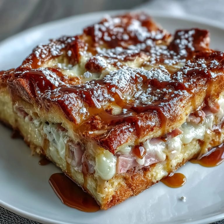 Savory Monte Cristo Breakfast Casserole with powdered sugar dusting, ready for a brunch buffet with fresh berries alongside.
