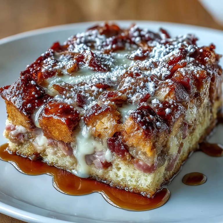 Freshly baked Monte Cristo Breakfast Casserole in a 9x13 dish, featuring cinnamon-vanilla soaked bread and melty cheese topping.