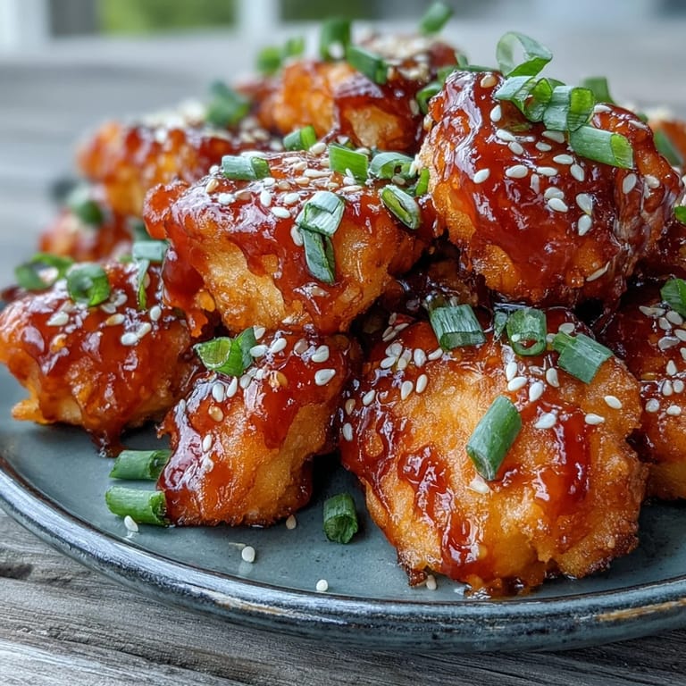 Sizzling Bang Bang Salmon Bites topped with sesame seeds and fresh green onions.
