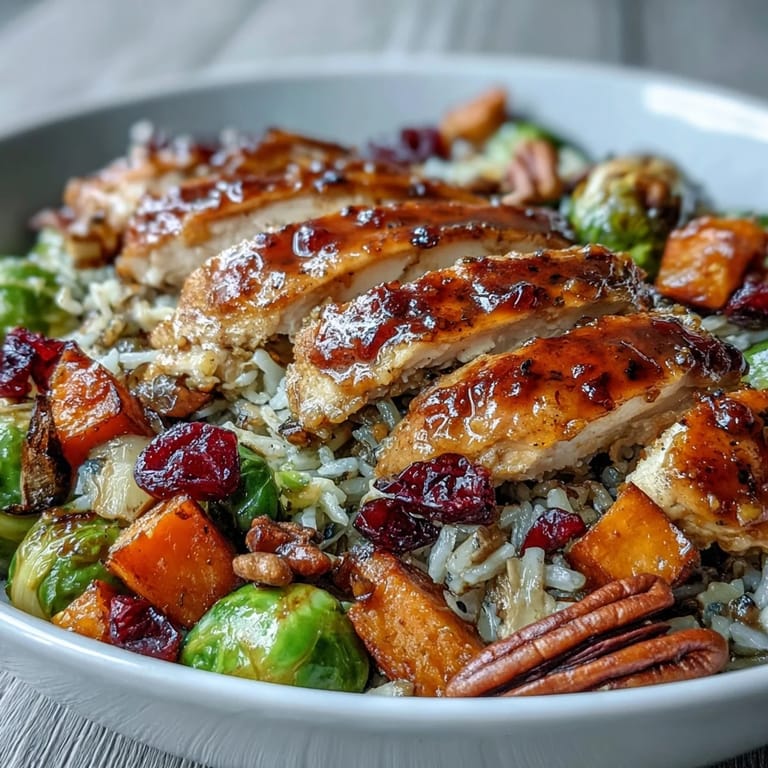 A wholesome Maple Dijon Chicken Sweet Potato Bowl featuring tender roasted vegetables, brown rice, and cranberries for a perfect weeknight dinner.