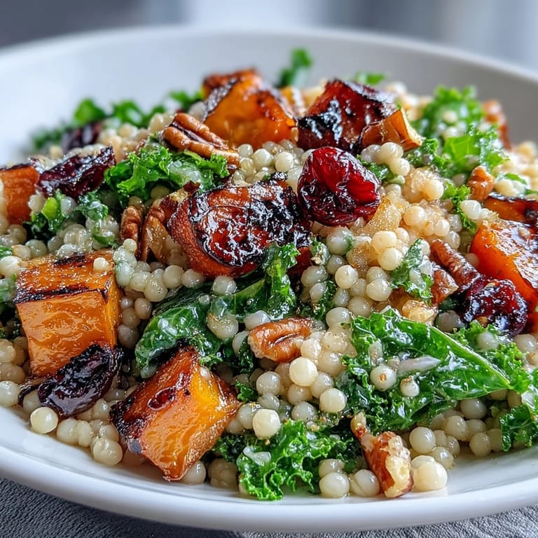 A bowl of Honey Autumn Pearl Couscous Salad tossed with tangy honey-citrus dressing, perfect for a festive fall lunch.