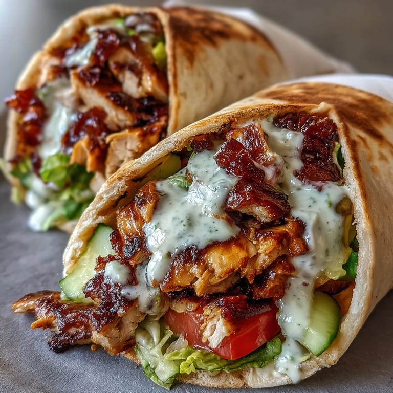 Sliced chicken Shawarma wrapped in soft pita with pickles and a drizzle of tangy garlic tahini sauce.