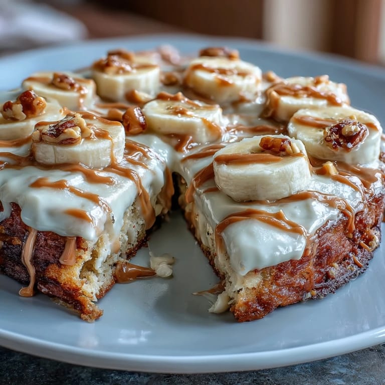 Warm slices of High-Protein Breakfast Pizza Bowl topped with banana slices and a generous swirl of maple syrup.