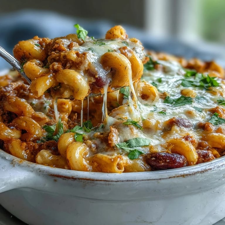 A serving of baked ranch turkey chili mac in a white bowl, garnished with a dollop of sour cream and chopped green onions.