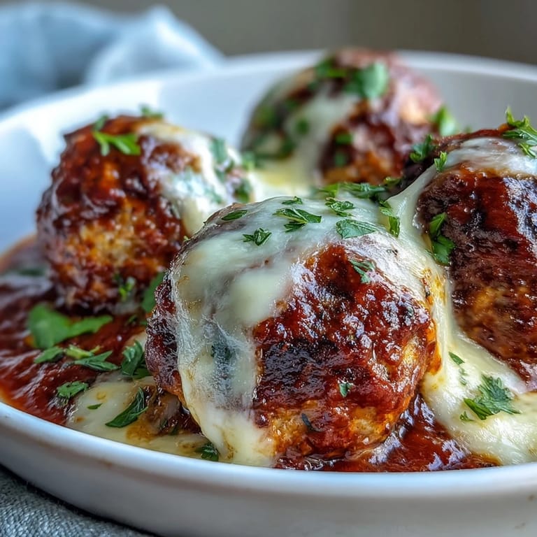 Savory Baked Spicy Chicken Parm Meatballs served in a toasted roll with fresh parsley garnish.
