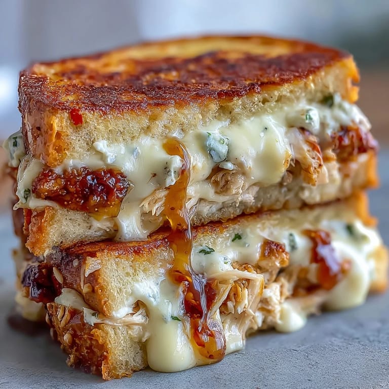 Crispy sourdough slices stuffed with creamy goat cheese, shredded chicken, and spicy hot honey for a sweet heat combo.