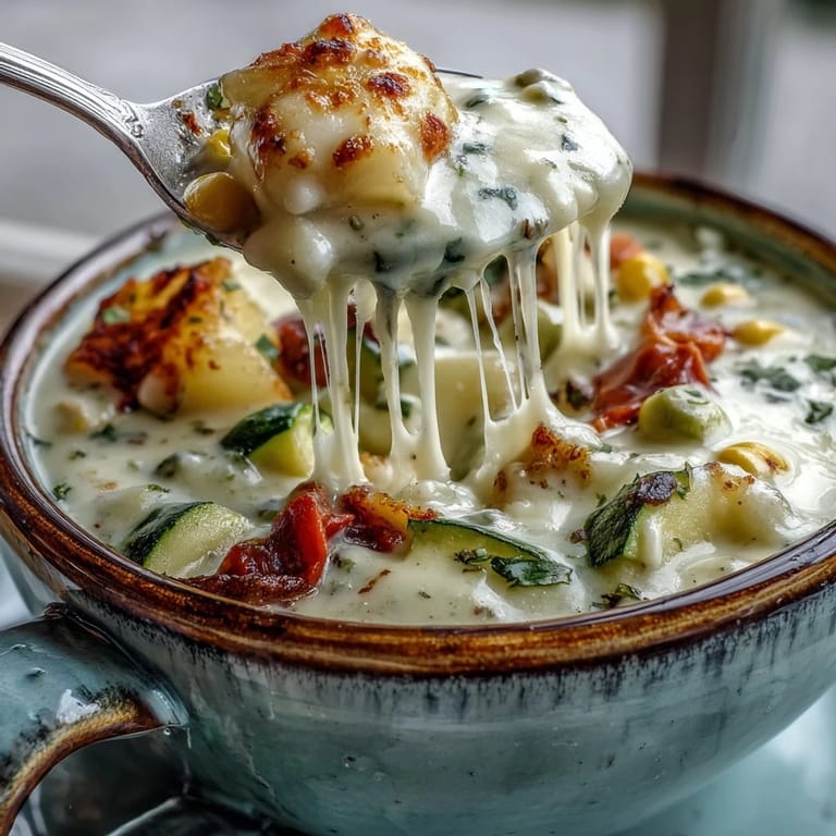 A bowl of Creamy Garlic Parmesan Veggie Soup beside crusty bread, highlighting the velvety texture and melted cheese.
