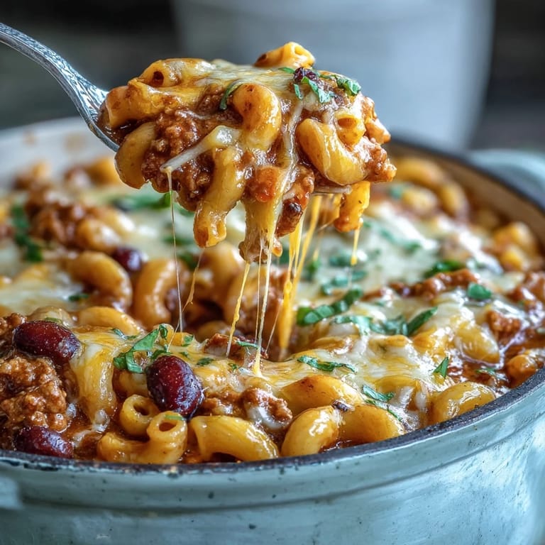 Serving suggestion of Baked Ranch Turkey Chili Mac in a white bowl, garnished with chopped cilantro and a dollop of sour cream.