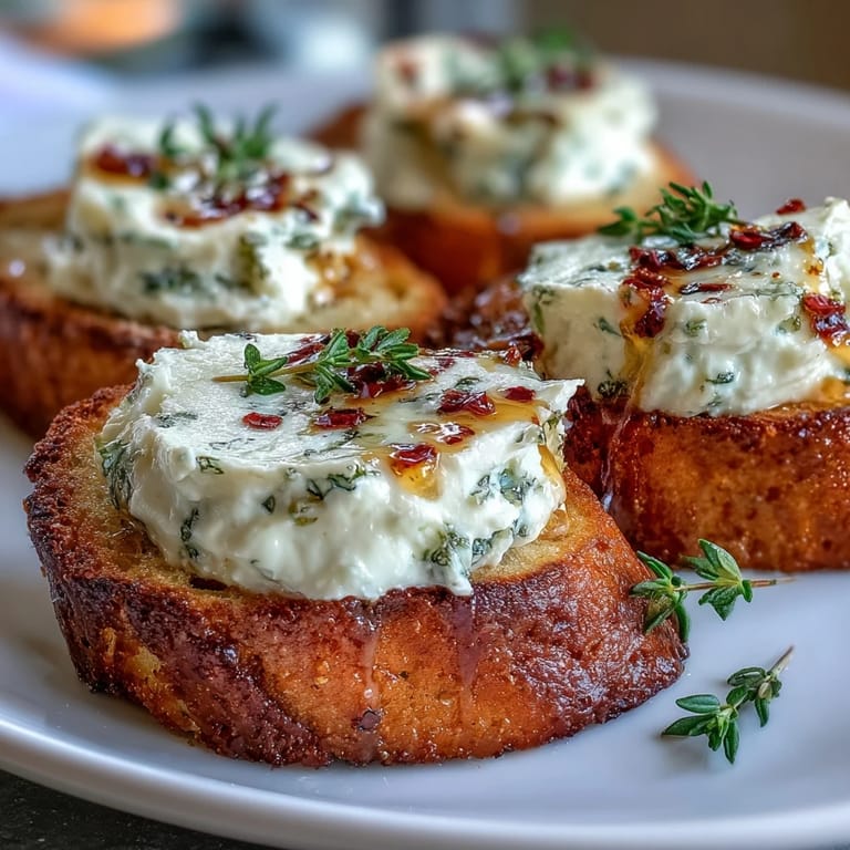 A close-up of Hot Honey Goat Cheese Crostini, garnished with fresh thyme and served on a rustic board.