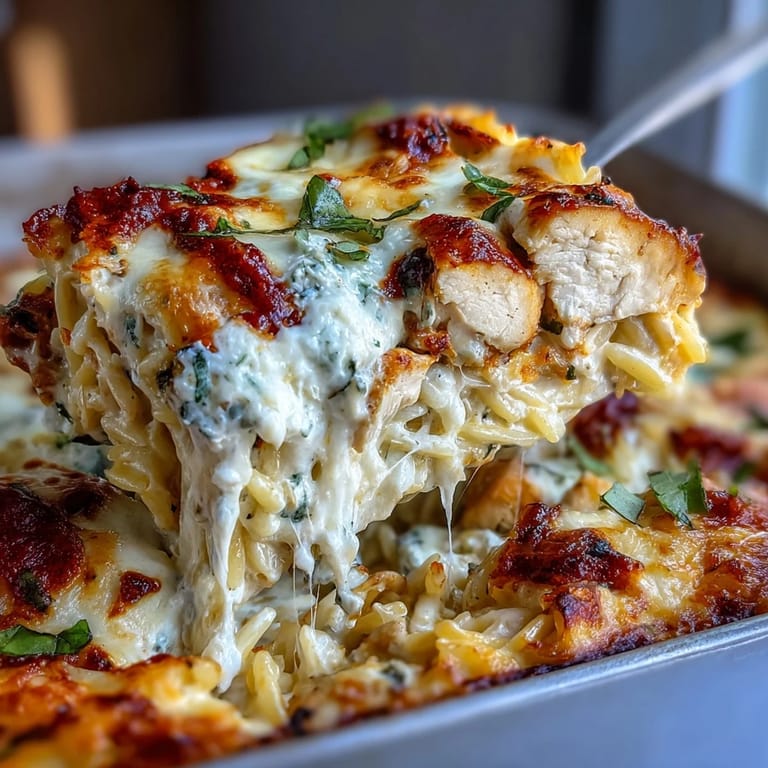 A close-up of One-Pan Creamy Chicken Lasagna Orzo topped with fresh basil and rich tomato sauce in a skillet.