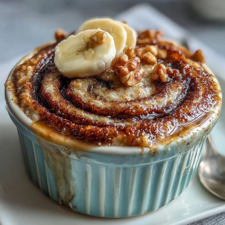 Freshly baked Cinnamon Swirl Protein Banana Baked Oats topped with Greek yogurt and chopped walnuts on a rustic table.
