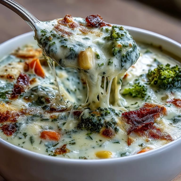 Close-up of Creamy Garlic Parmesan Veggie Soup showing tender broccoli, carrots, and a cheesy, velvety broth.