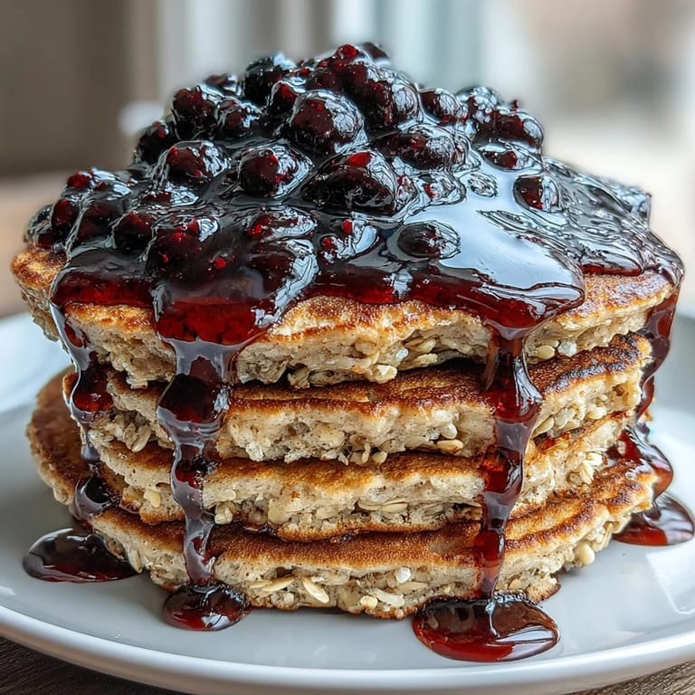 Freshly cooked High-Protein Greek Yogurt Pancakes with Blueberry Compote served on a rustic plate with a side of syrup.