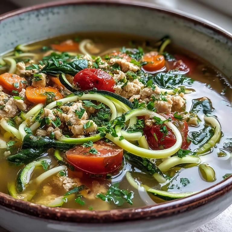 Turkey and Veggie Zucchini Noodle Soup garnished with chopped parsley and lemon wedges on a wooden table.