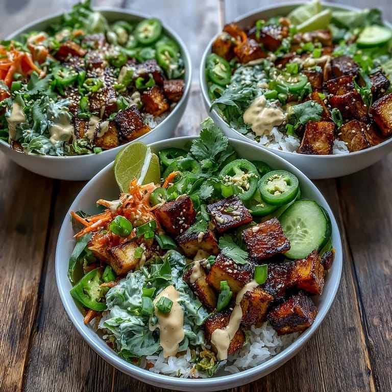 Fresh jalapeño slices, cilantro, and sesame seeds garnish these colorful Vegan Crispy Tofu Banh Mi Bowls with Pickled Veggies.