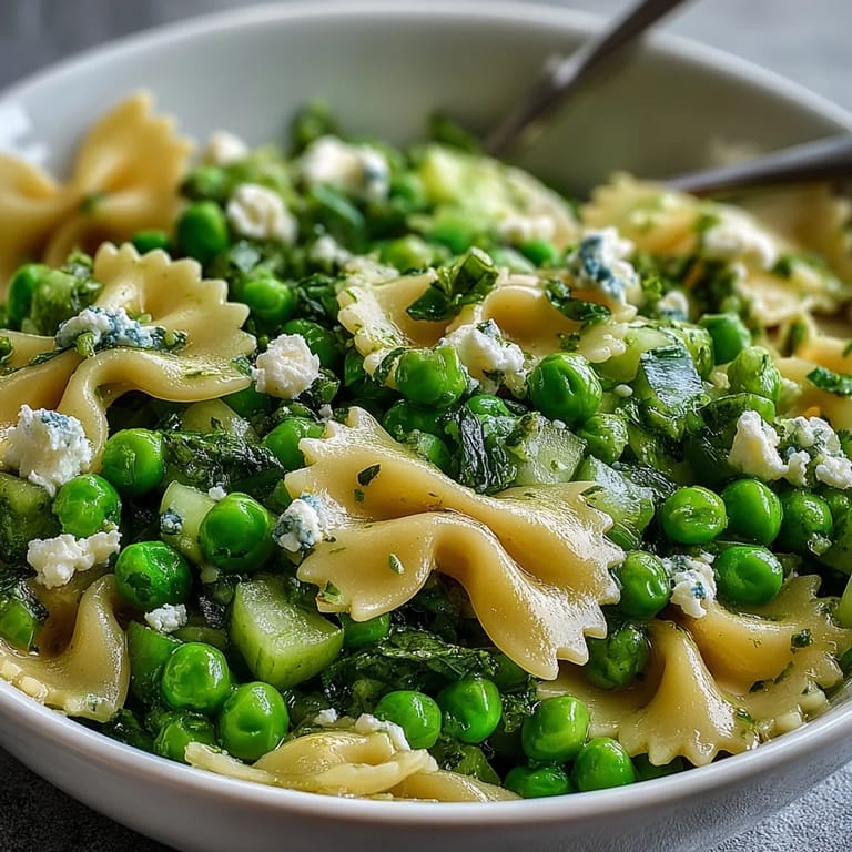 A vibrant bowl of Fresh Spring Pea and Mint Pasta Salad with Lemon Vinaigrette, topped with crumbled feta, cucumber, and parsley.