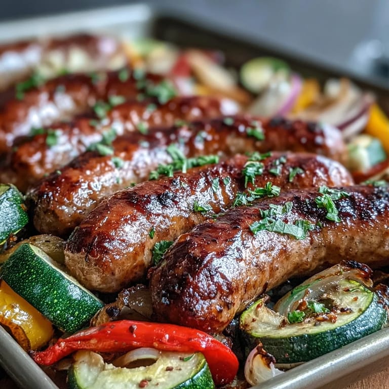 A vibrant one-pan meal of roasted sausages, peppers, zucchini, and onions, served hot from the oven for a gluten-free dinner.