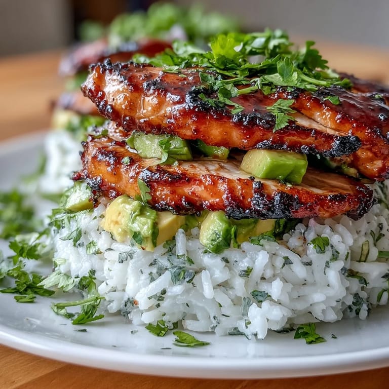 Flavorful grilled chicken and avocado rice stack garnished with lime wedges for a bright, satisfying meal.