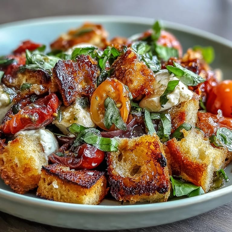 Heirloom tomatoes, crunchy sourdough croutons, and fresh basil vinaigrette in a rustic Italian panzanella salad.