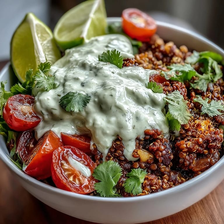 Mexican-inspired lentil quinoa bowl with smoky spices, black beans, and zesty avocado crema for a satisfying plant-based meal.