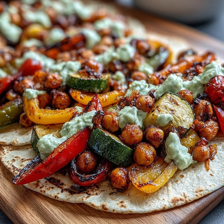 Vibrant veggie and chickpea fajitas served on warm tortillas, topped with fresh cilantro and lime, plus a zesty guac yogurt drizzle.