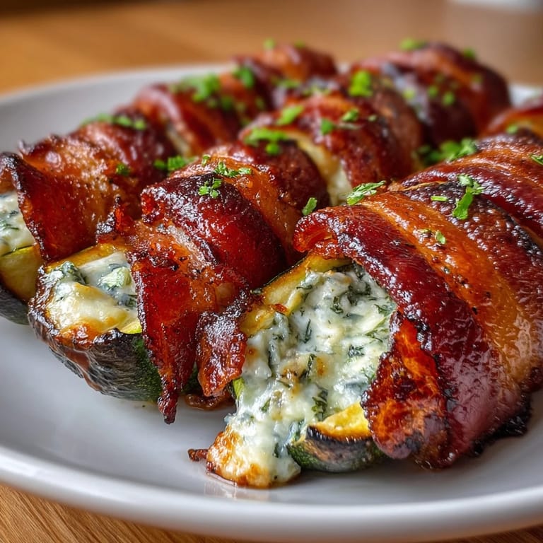 Low-carb zucchini boats stuffed with a blend of cheeses, herbs, and garlic, wrapped in savory bacon strips.  