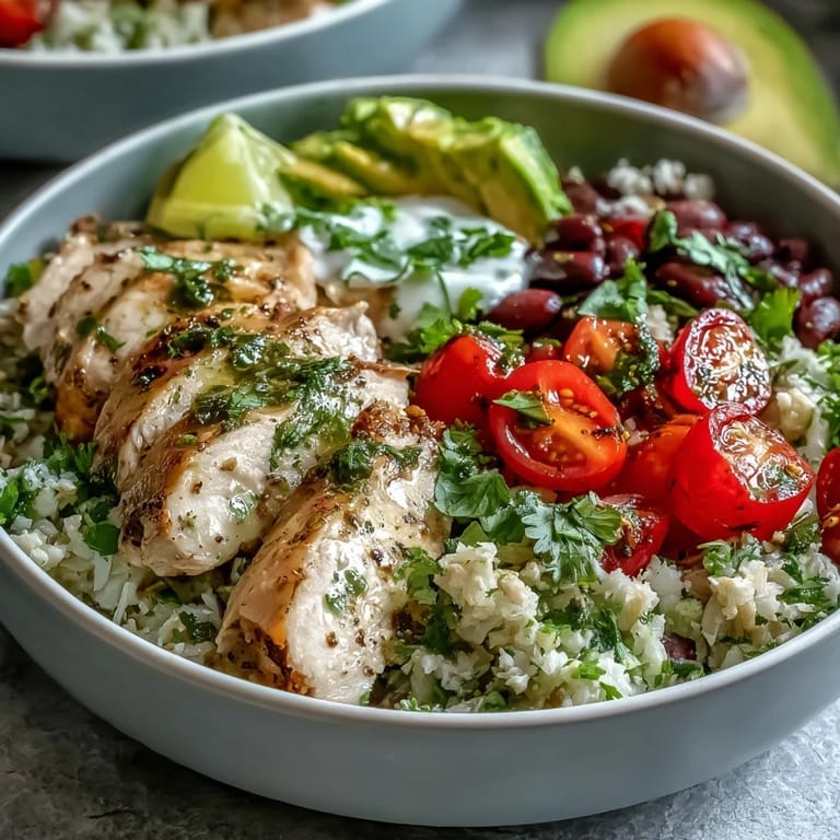 Healthy burrito bowl with cauliflower rice, grilled chicken, black beans, and fresh vegetables, served with a dollop of Greek yogurt and lime wedge.