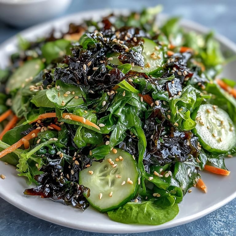 Colorful seaweed and nori salad with fresh cucumber, carrot, and scallions, topped with toasted sesame seeds for extra crunch.  