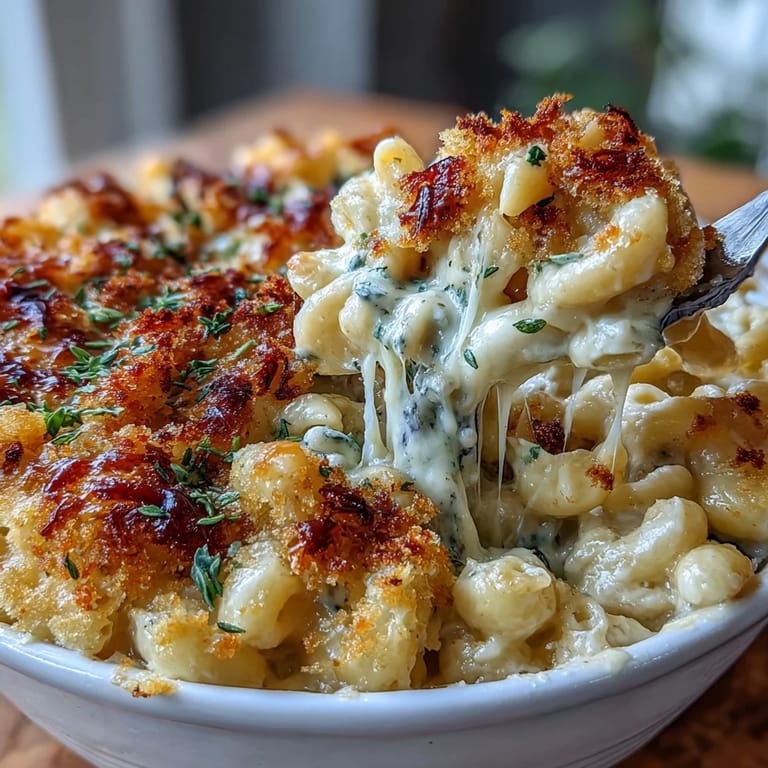 Luxurious four-cheese truffle mac and cheese baked until bubbly, topped with aromatic truffle shavings and crunchy breadcrumb topping.
