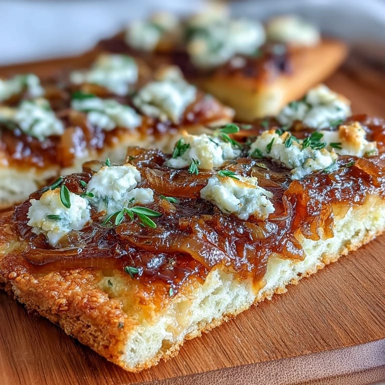 Crisp, oven-baked flatbread topped with deeply caramelized onions, crumbled goat cheese, and a sprinkle of aromatic thyme leaves.