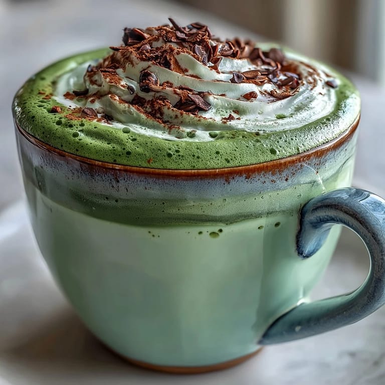 Two steaming cups of earthy matcha latte topped with black sesame drizzle and a sprinkle of seeds.  