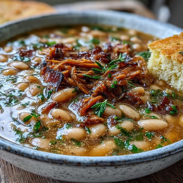 Hearty ham hock and bean soup with soft vegetables and shredded pork, paired with warm, crumbly cornbread for a comforting meal.