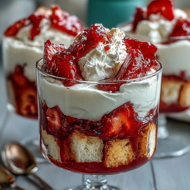 Whipped cream and macerated strawberries crown tender shortcake cubes in this shareable Galentines dessert trifle.