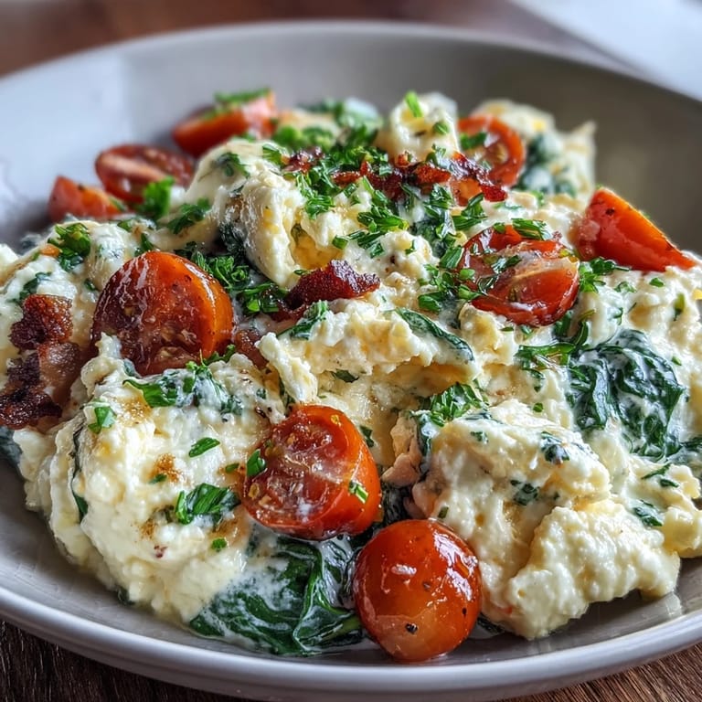 Protein-packed breakfast scramble with eggs, cottage cheese, and colorful sautéed vegetables.  