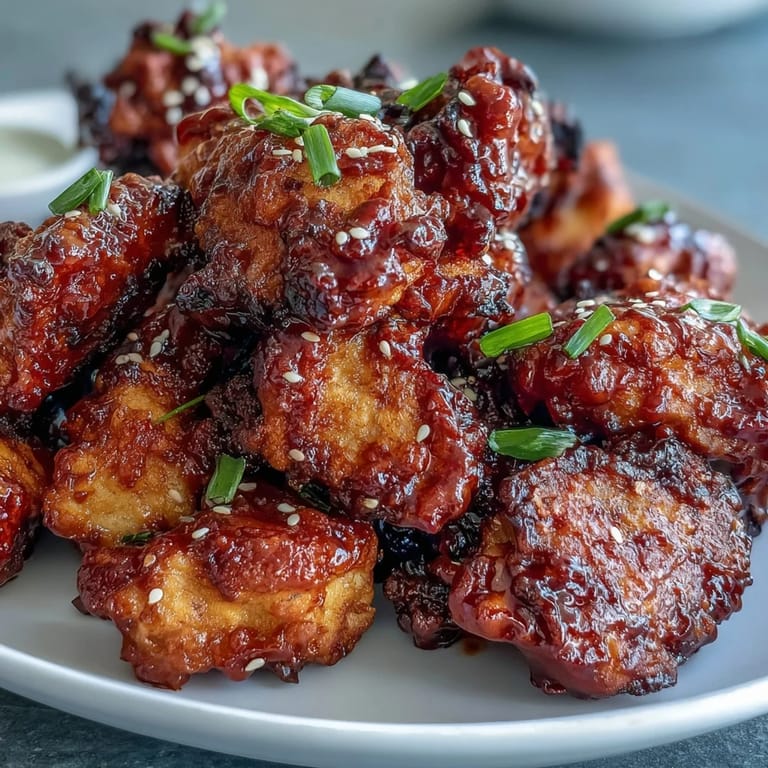 Juicy chicken pieces air-fried until crisp, then coated in a bold gochujang glaze and garnished with toasted sesame.