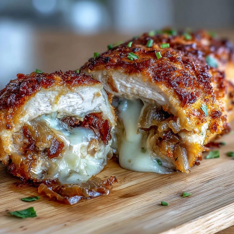 Oven-baked stuffed chicken breasts featuring sweet, slow-cooked onions and melted cheese, inspired by classic French onion soup flavors.
