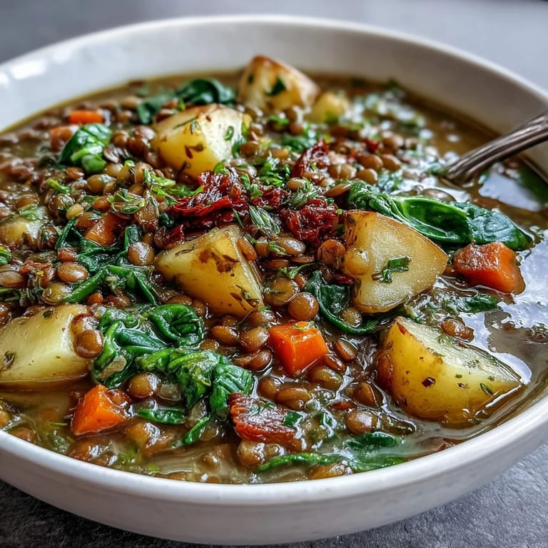 A rustic bowl of green lentil stew with vegetables, offering rich flavors and wholesome ingredients in every spoonful.