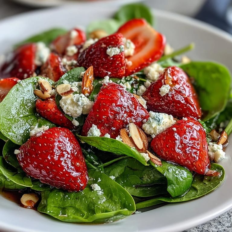 A vibrant spring salad featuring tender spinach, sweet strawberries, and a creamy poppy seed dressing for a refreshing bite.