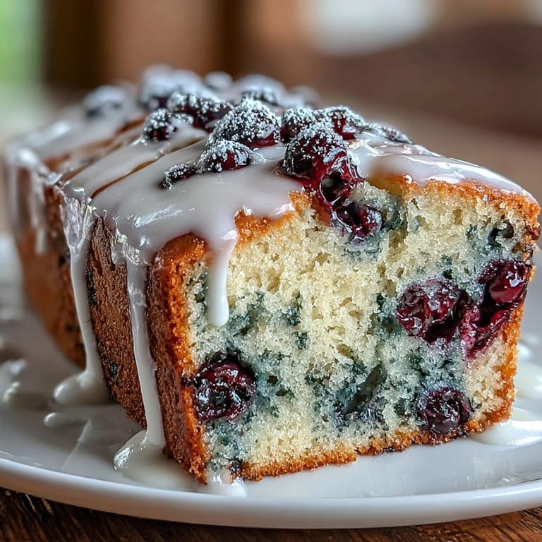 Slices of moist blueberry lemon loaf with a glossy glaze, ideal for festive dessert tables.  