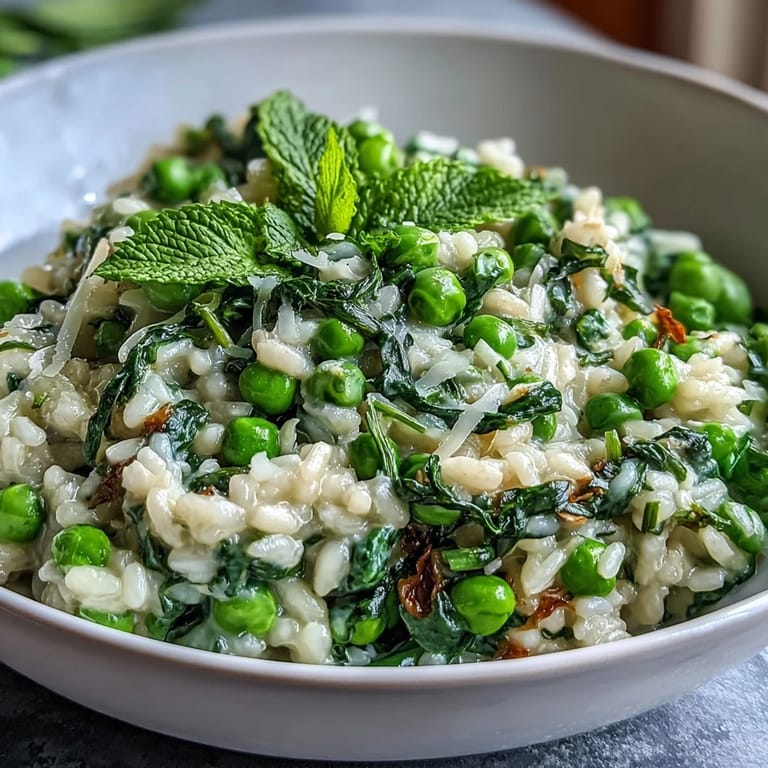 Bright green peas and fragrant mint blend into a velvety Parmesan risotto, perfect for a light vegetarian dinner.