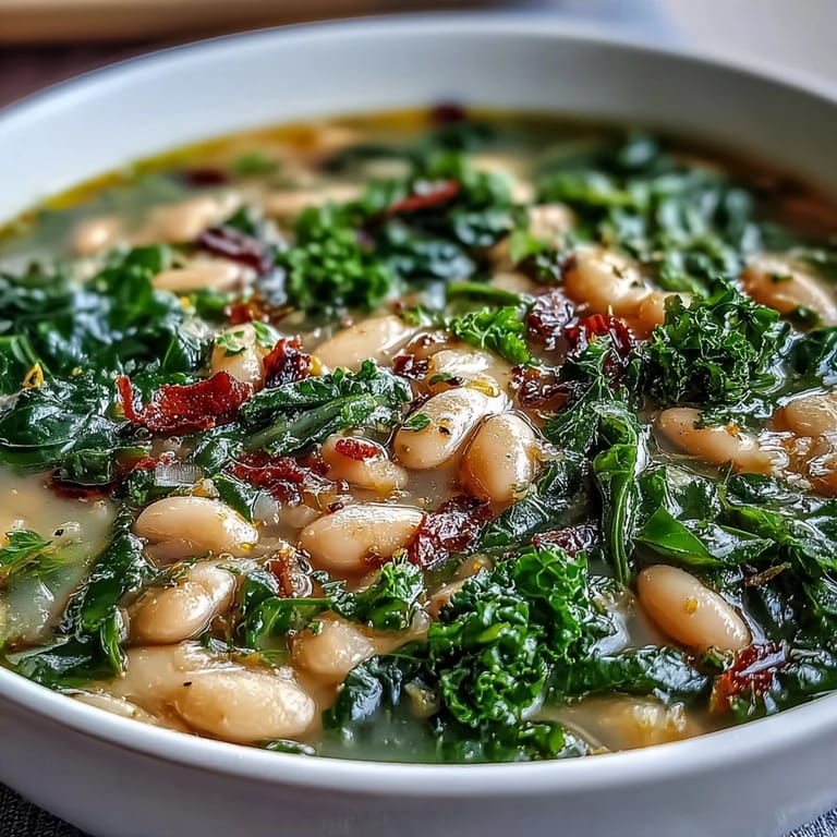 Vibrant Mediterranean-inspired white bean soup with kale, lemon zest, and garlic, perfect for a nourishing lunch or dinner.
