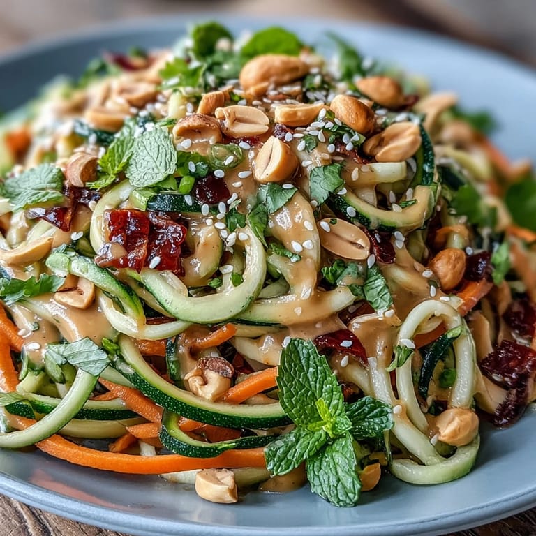 Colorful spiralized zucchini noodles and crisp vegetable ribbons shine in this refreshing Thai-inspired salad, drizzled with tangy peanut sauce and fresh herbs.  